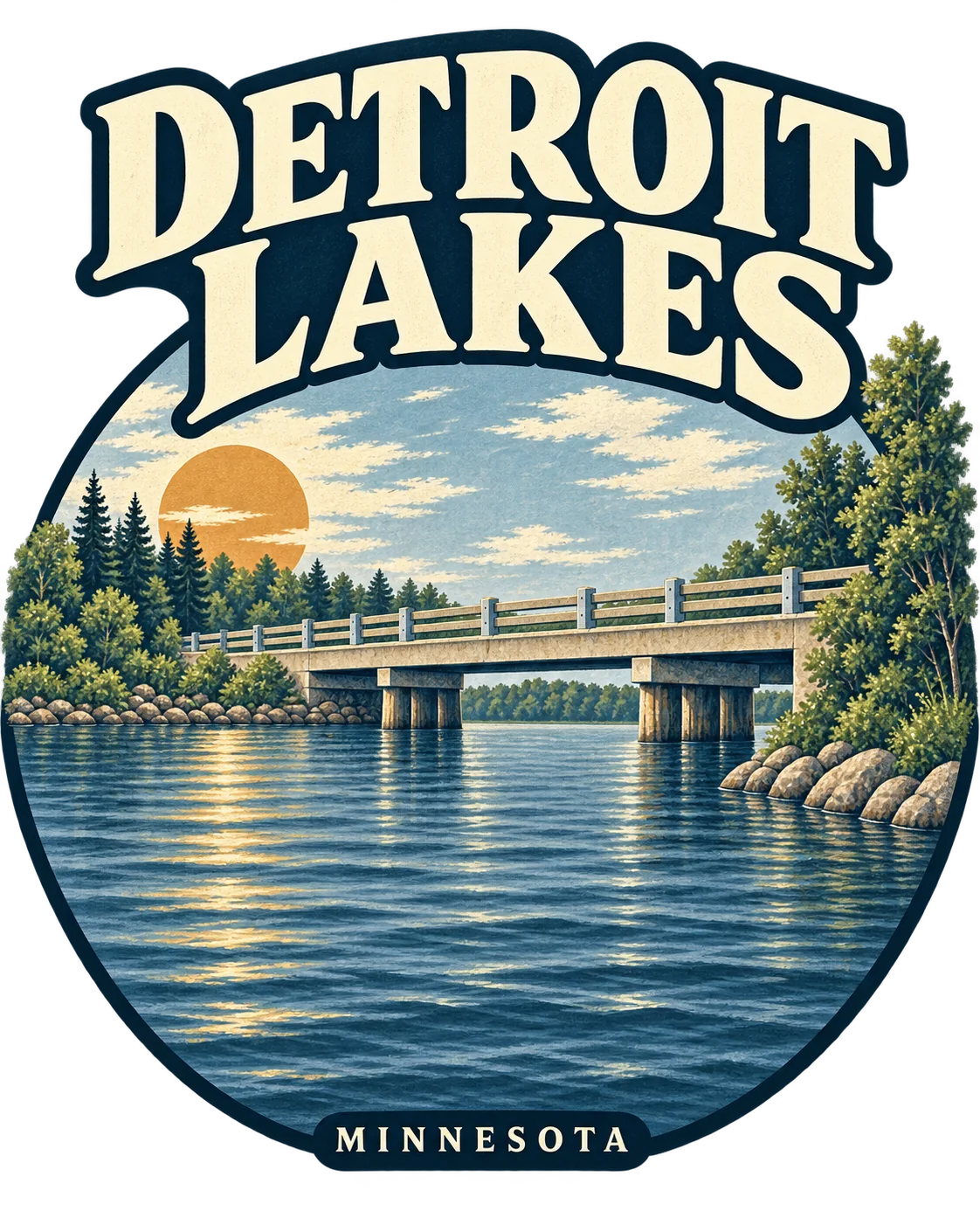 Muted-blue Detroit Lakes circular lakefront illustration without people or extra docks