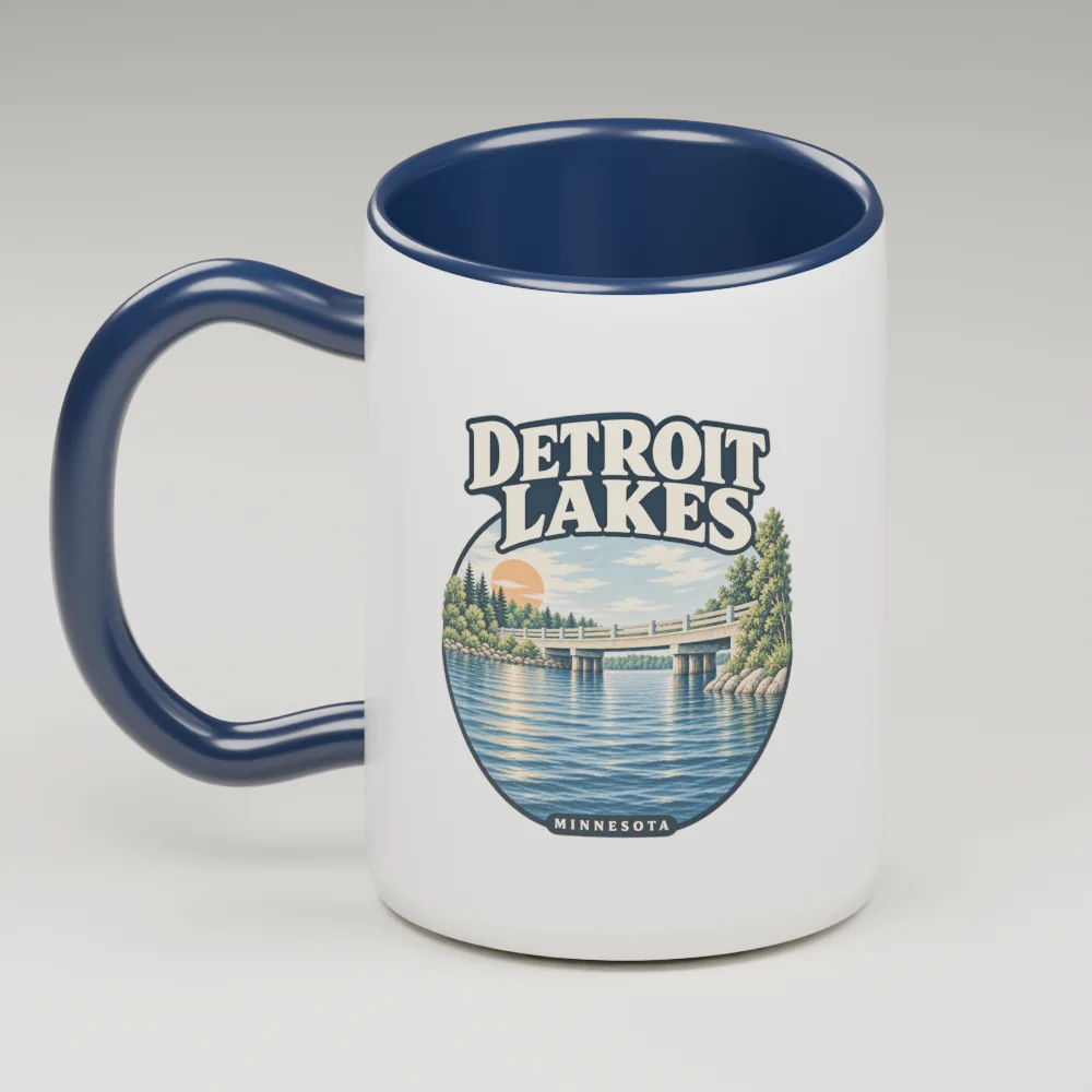 Ceramic mug design proof with refined Detroit Lakes artwork