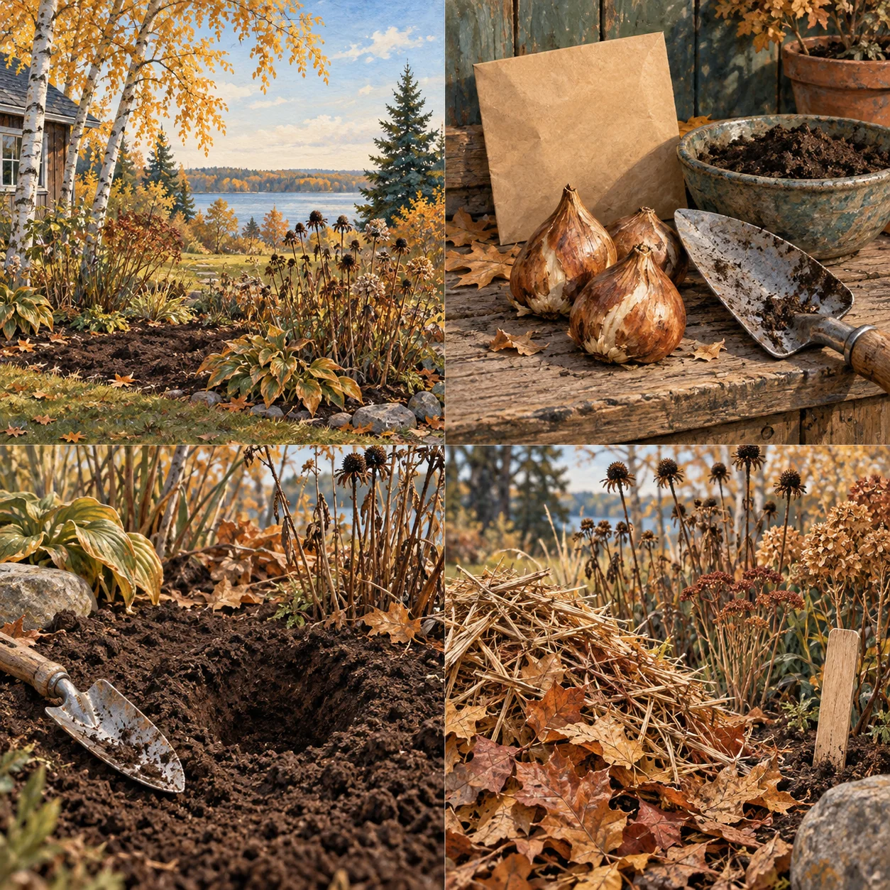 Original illustration of an autumn garden with seedheads and a lake beyond