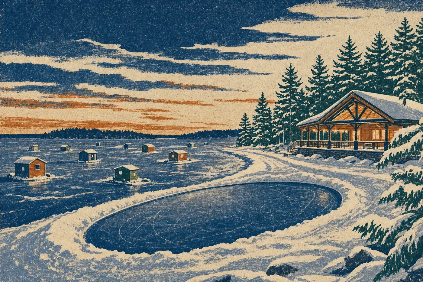 Print-style winter illustration of a frozen lake with ice houses, a cleared skating rink and a snowy lodge among pines