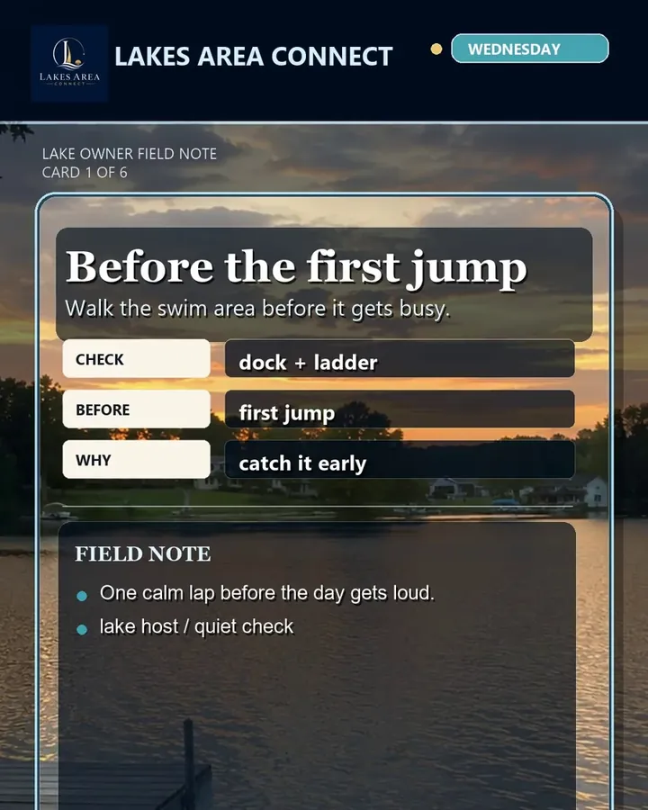 Cover card reading Before the first jump, dock and ladder, over a lake dock at sunset