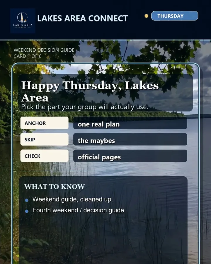 Cover card reading Happy Thursday, Lakes Area, one real plan, over lake reeds
