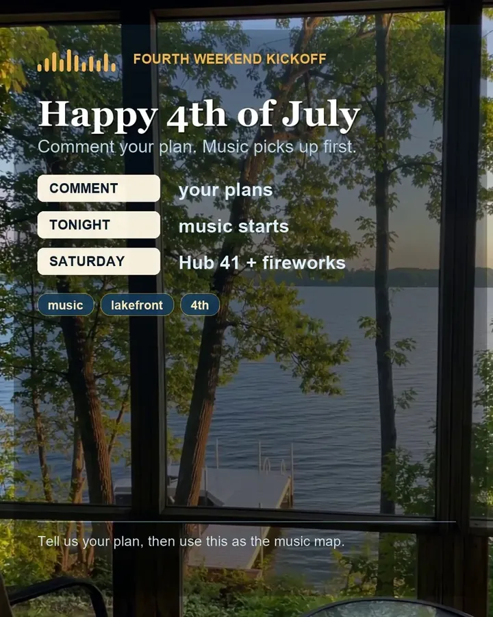 Cover card reading Happy 4th of July, music picks first, over a screened porch looking out on a lake