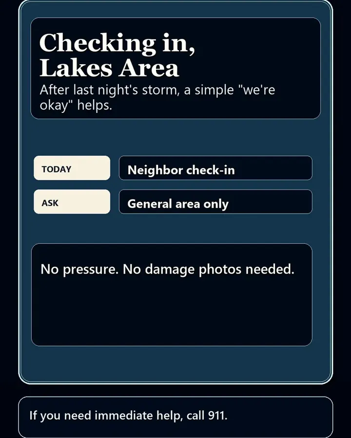 Navy card reading Checking in, Lakes Area, neighbor check-in, no damage photos needed, call 911 for immediate help