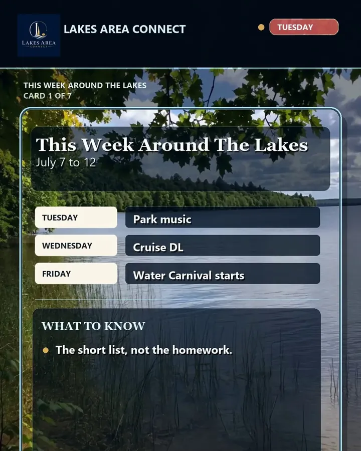 Cover card reading This week around the lakes, July 7 to 12, park music, Cruise DL, Water Carnival