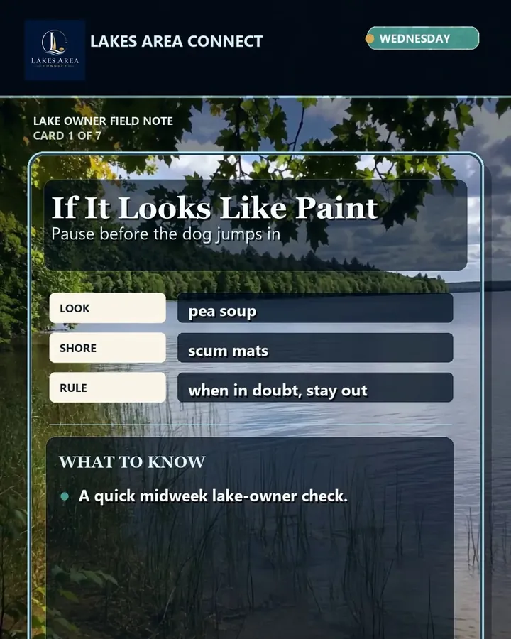 Cover card reading If it looks like paint, pea soup, scum mats, when in doubt stay out, over lake reeds