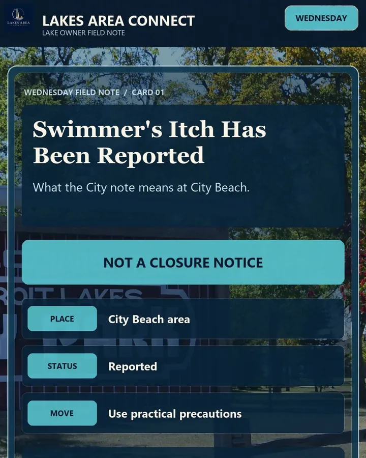 Cover card reading Swimmer's itch has been reported, not a closure notice, over the Detroit Lakes sign