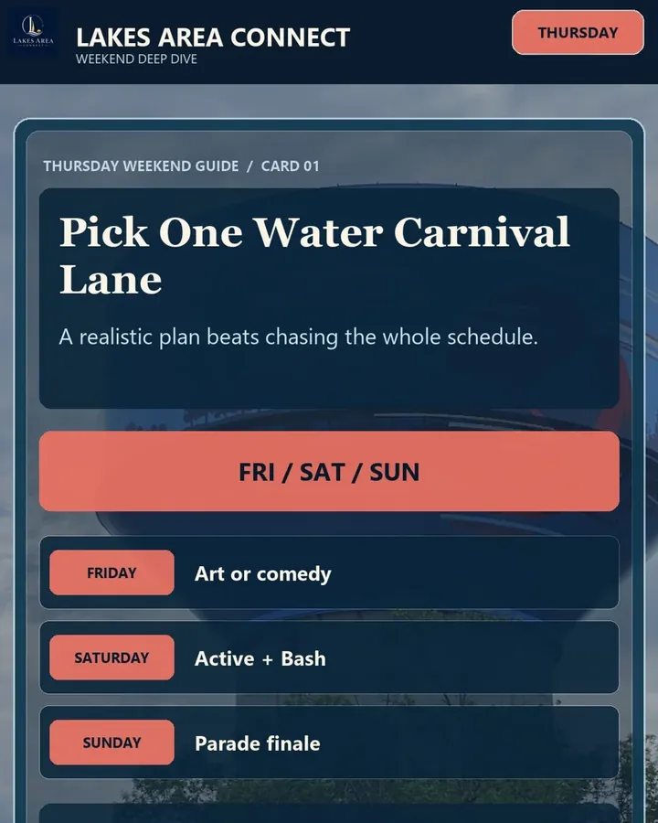 Cover card reading Pick one Water Carnival lane, Friday, Saturday, Sunday, over the Detroit Lakes water tower