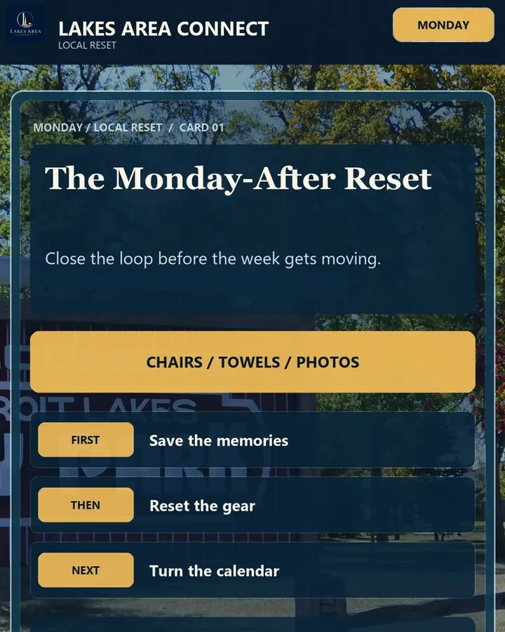 Cover card reading The Monday-after reset, chairs, towels, photos, over the Detroit Lakes sign