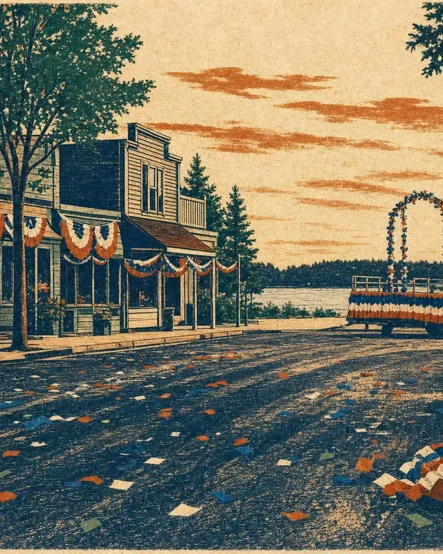 Print-style illustration for The parade came to town