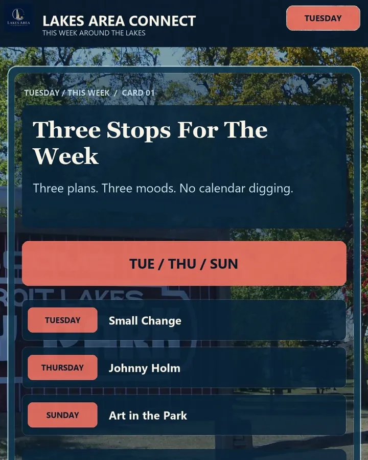 Cover card reading Three stops for the week, Tuesday, Thursday and Sunday, over the Detroit Lakes sign