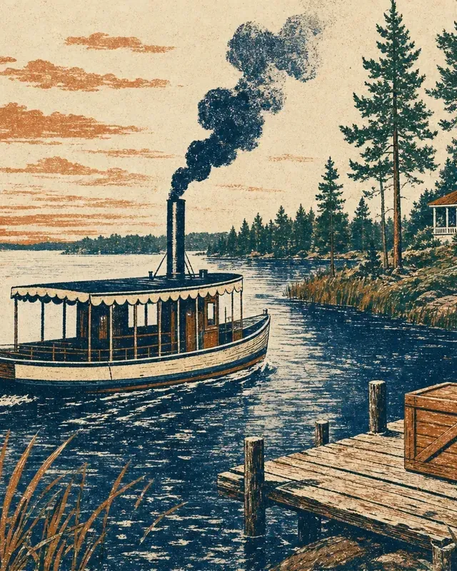 Print-style illustration for Before the lake road: the Pelican Valley boat route