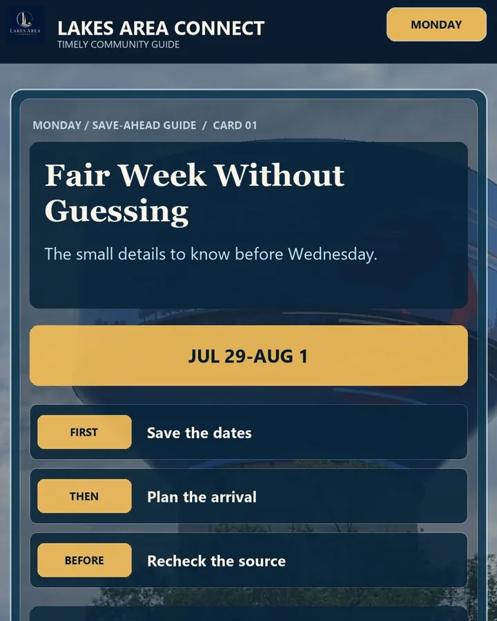 Cover card reading Fair week without guessing, July 29 to August 1, over the Detroit Lakes water tower