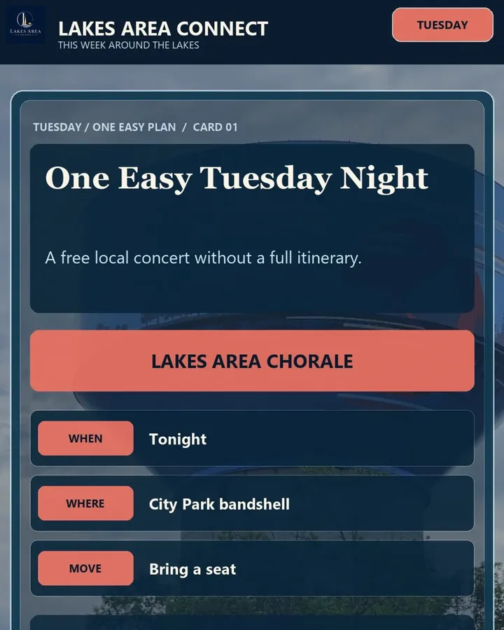 Cover card reading One easy Tuesday night, Lakes Area Chorale, over the Detroit Lakes water tower