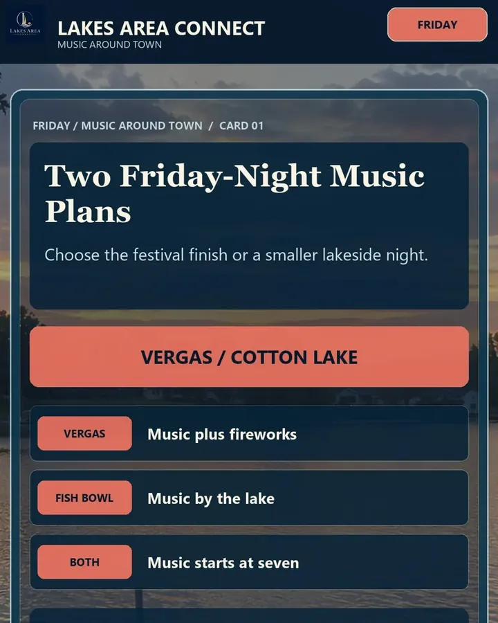 Cover card reading Two Friday-night music plans, Vergas or Cotton Lake, over a lake at dusk