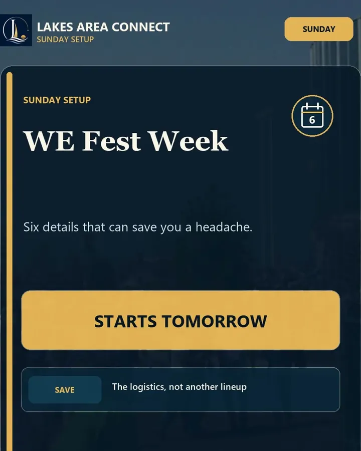 Navy card reading WE Fest Week, Starts tomorrow, six details that can save you a headache