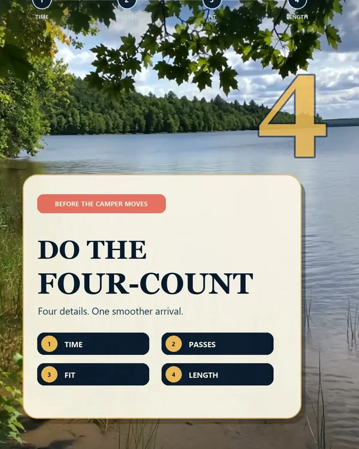 Cream card reading Do the four-count, with time, passes, fit and length, over a lake framed by trees