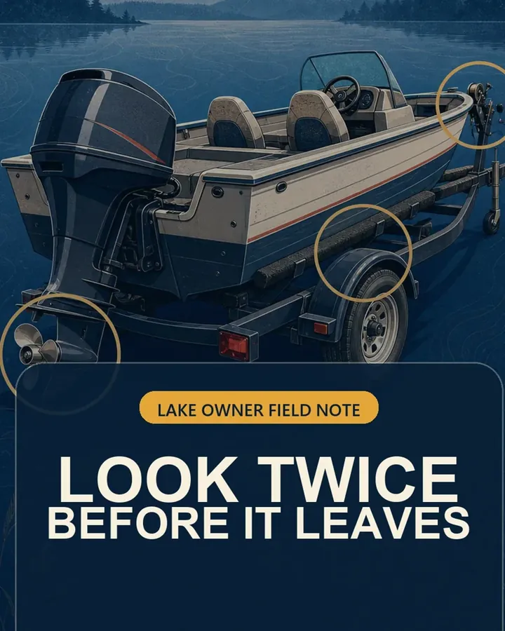 Illustrated fishing boat on a trailer beside a lake, under the words Look twice before it leaves
