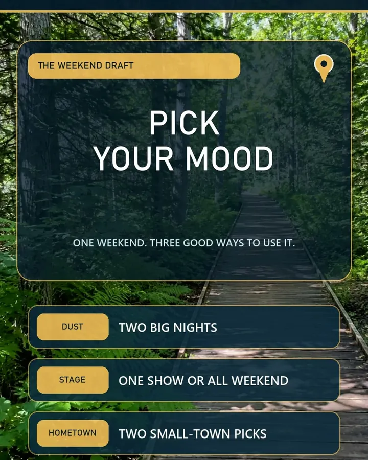 Cover card reading Pick your mood, with Dust, Stage and Hometown options, over a forest boardwalk