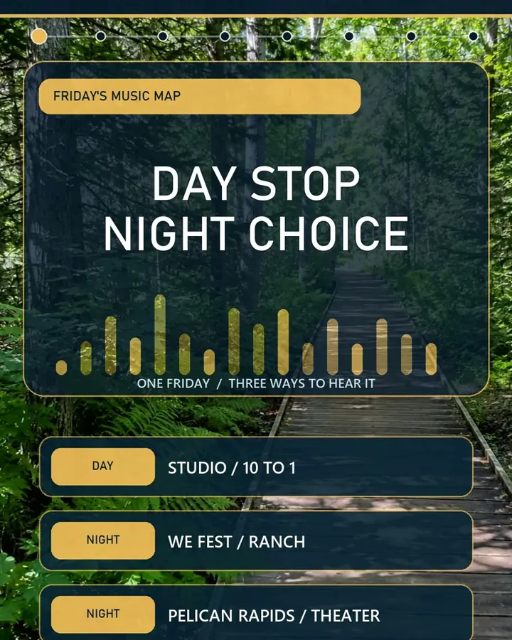 Cover card reading Day stop, night choice, with sound bars, over a forest boardwalk