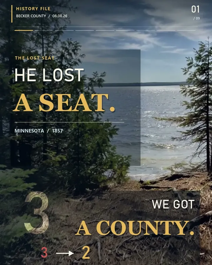 History card reading He lost a seat, we got a county, over a wooded lakeshore