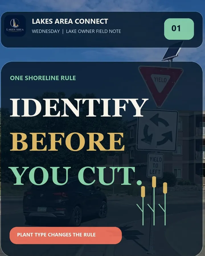 Bold card reading Identify before you cut, with drawn cattails, over a road with yield signs