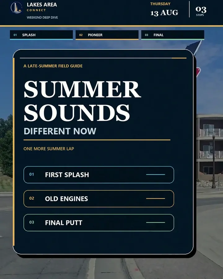 Cover card listing First splash, Old engines and Final putt, over a quiet Detroit Lakes street