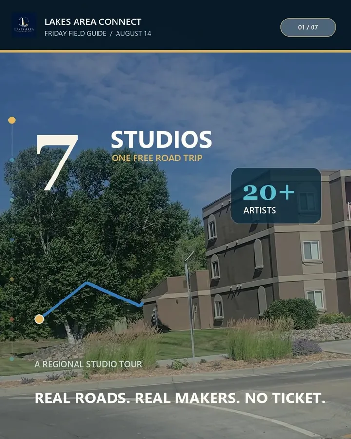 Cover card reading 7 studios, 20 plus artists, over a summer street with trees and brick buildings
