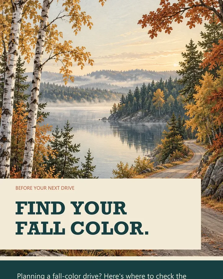 Illustrated birch and maple trees in fall color above a misty lake and a winding road