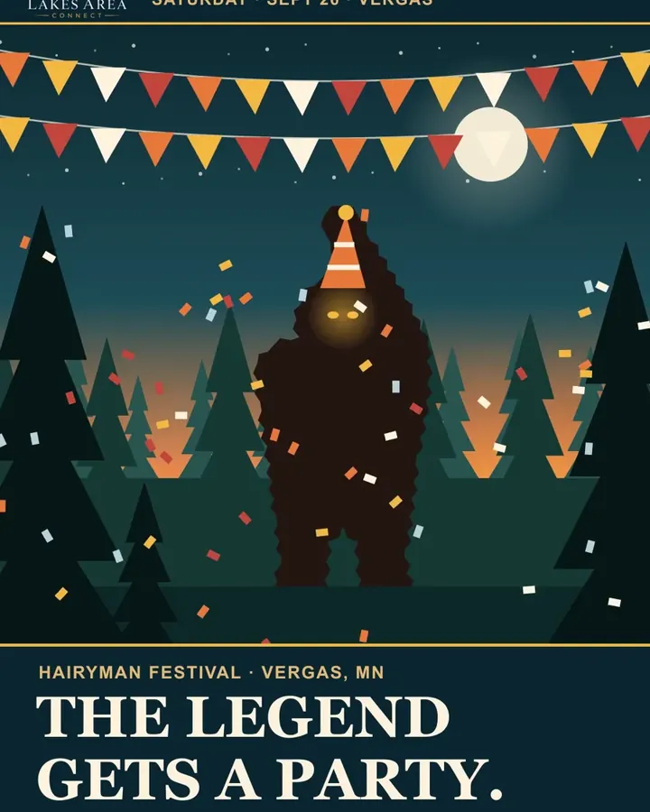 Illustrated Hairyman silhouette in a party hat among pine trees, under festival pennants and confetti