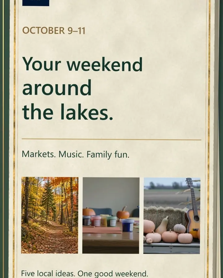 Cover card reading Your weekend around the lakes, with small images of a fall trail, paint cups and pumpkins