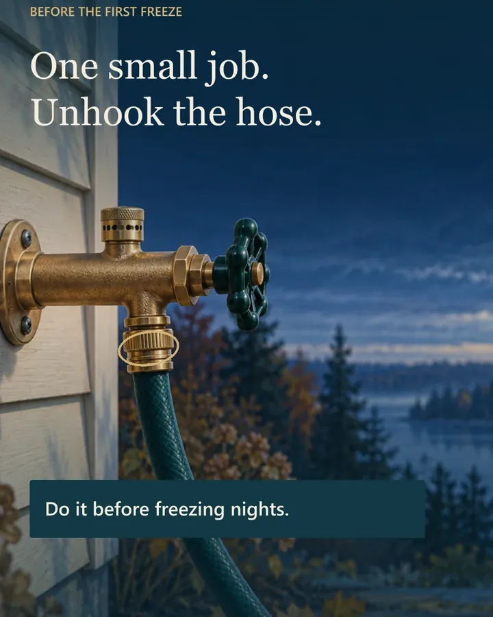 Illustrated outdoor faucet on a house wall with a green garden hose still attached, at dusk