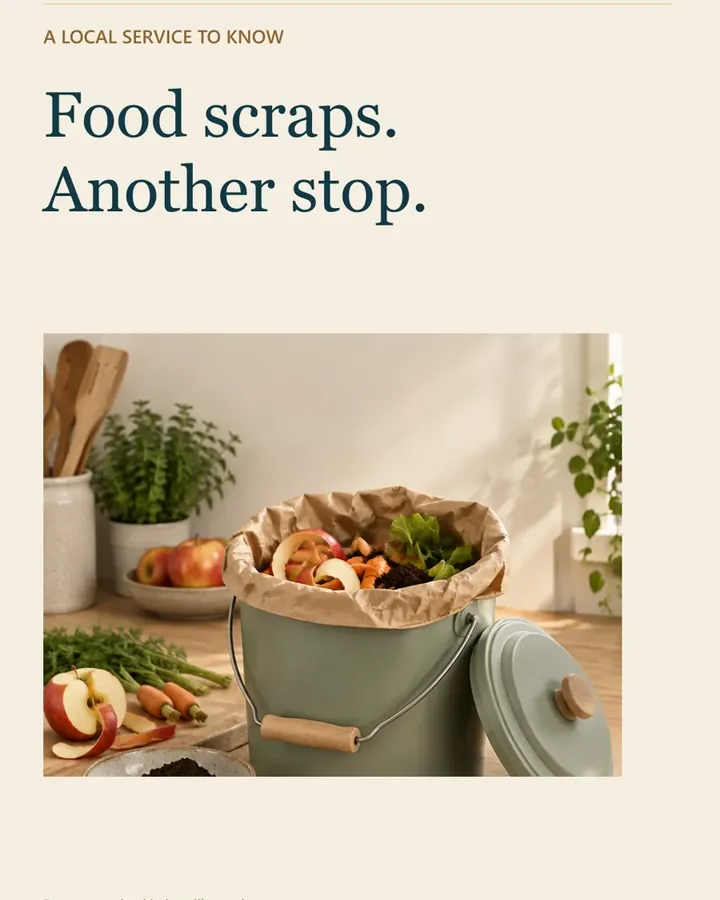 Illustrated kitchen counter with a lidded compost pail full of vegetable scraps