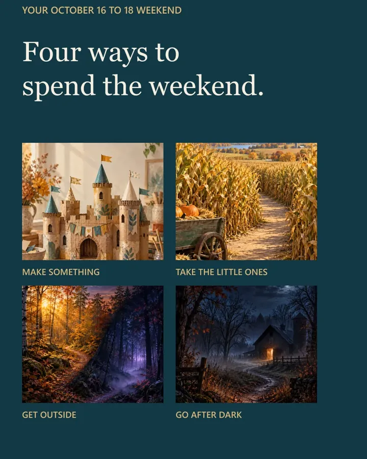 Cover card with four illustrations: a cardboard castle, a corn maze, a forest trail and a moonlit farm path