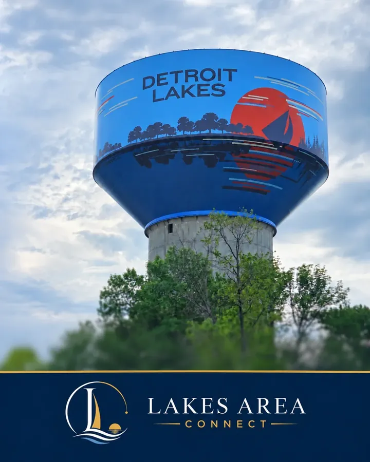 The Detroit Lakes water tower, painted with a sunset, a sailboat and trees, above a Lakes Area Connect banner