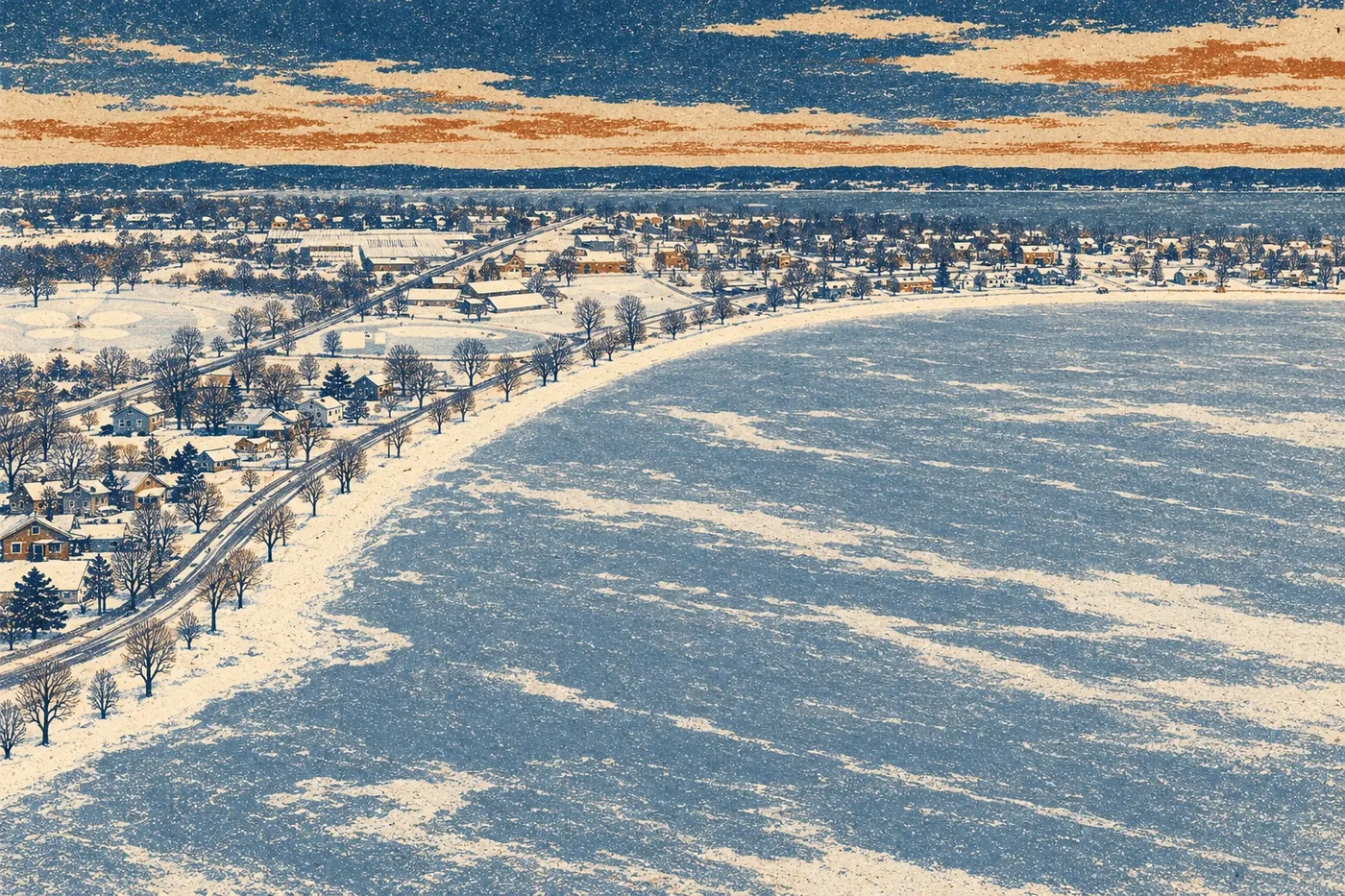 Winter illustration following City Beach’s broad shoreline and West Lake Drive, with town on one side and open Little Detroit Lake on the other