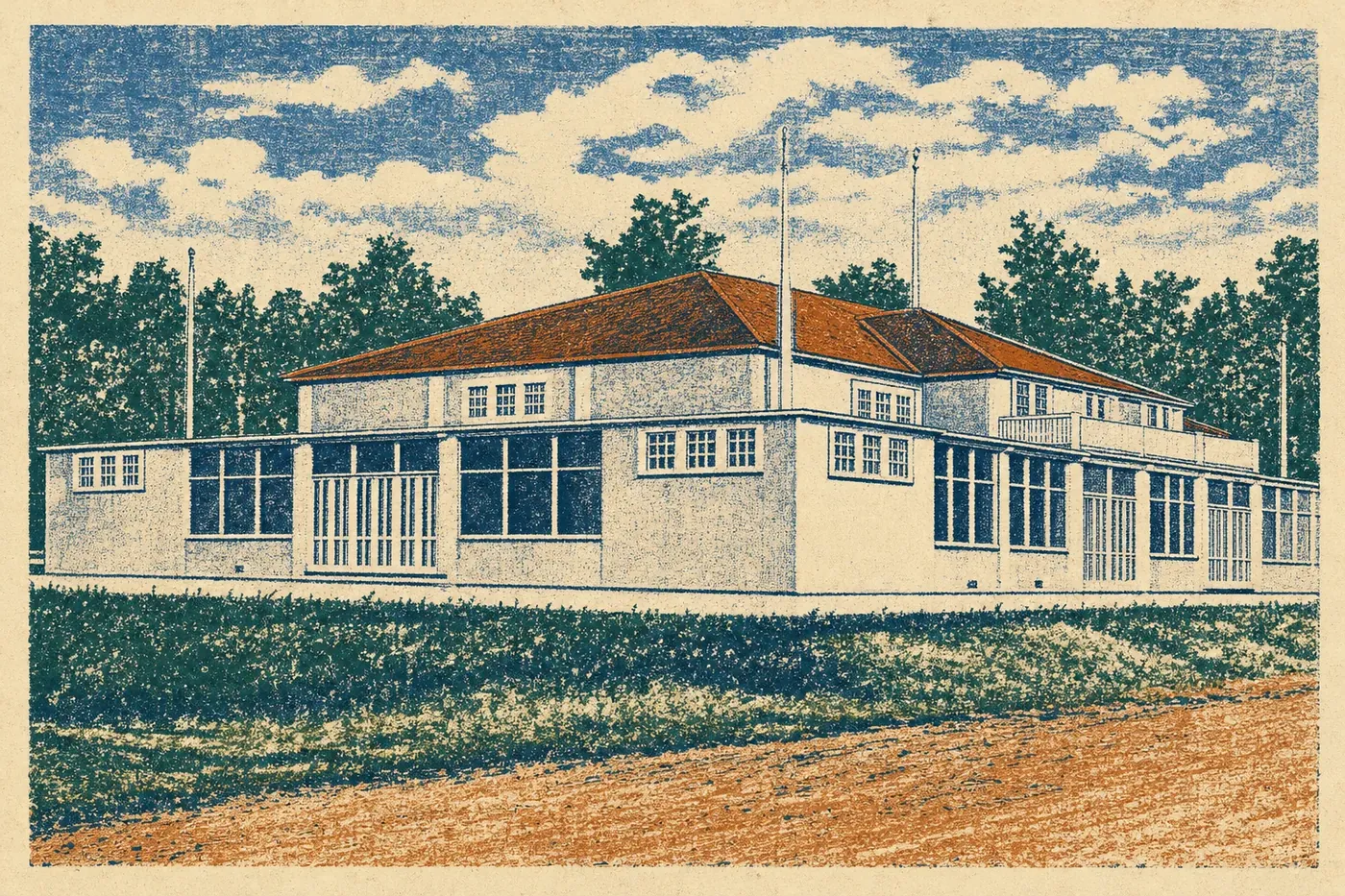 The new Pavilion around 1917: a long white stucco hall with red hip roofs, a second-floor balcony and tall trees behind