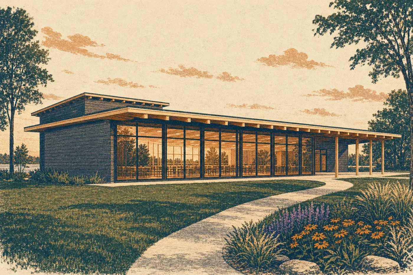 An impression of the planned new Pavilion: a long, low hall with deep timber eaves and a wall of tall windows